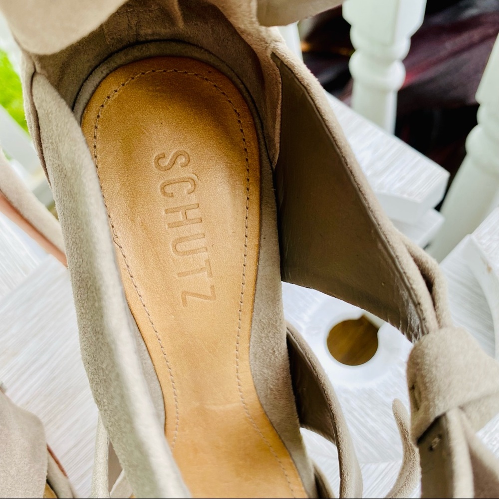 Schutz Miranda Suede Peep Toe Bow Strappy Heels in “Mouse” size 6 - Picture 9 of 16